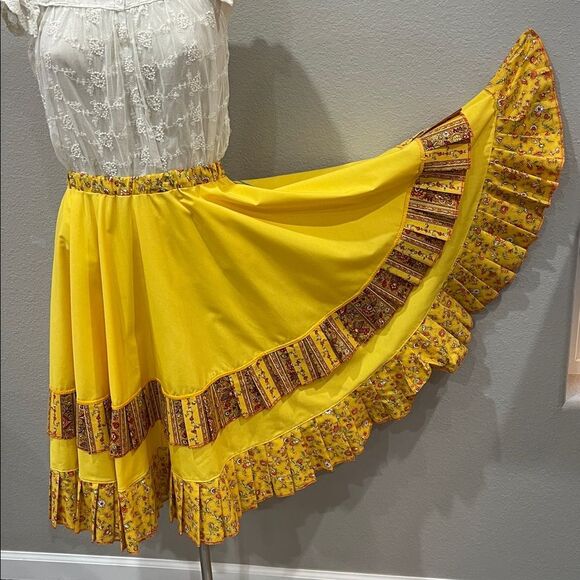 Sew What? Upcycling Dresses & Skirts - Handmade upcycled bright yellow gold full circle skirt with flounce & ruffle, M
